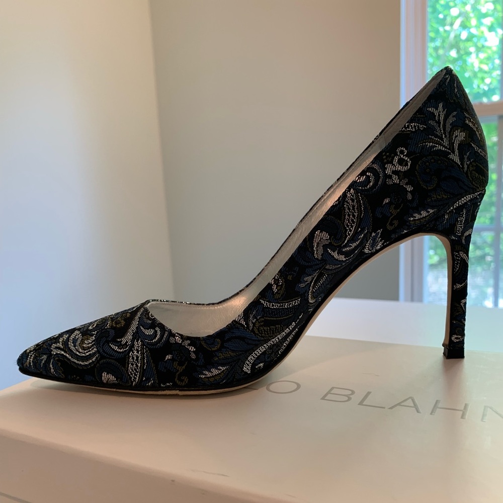 Manolo Blahnik Blue and Silver Brocade Heels - Picture 2 of 7